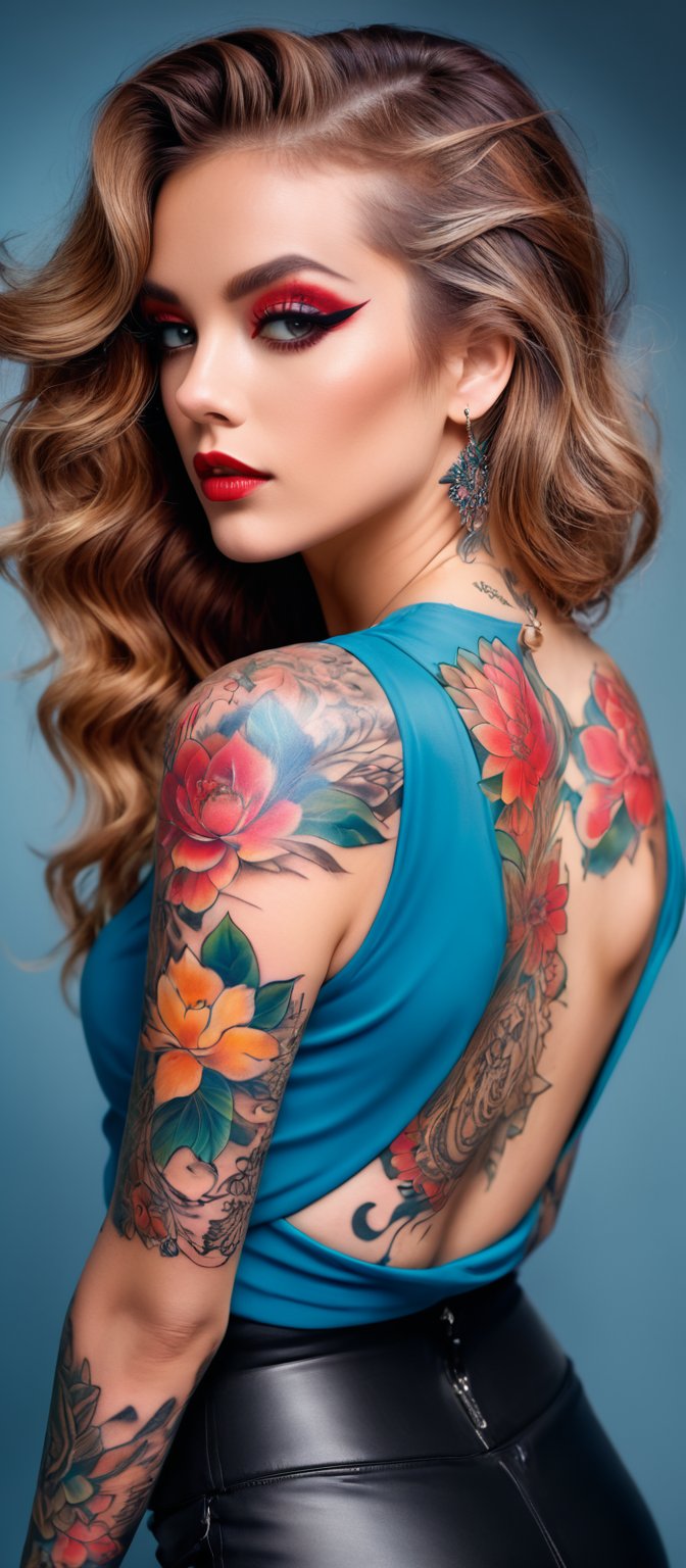 Generate hyper realistic image of a woman posing in an eye-catching outfit with a prominent tattoo. The woman has long,  l...