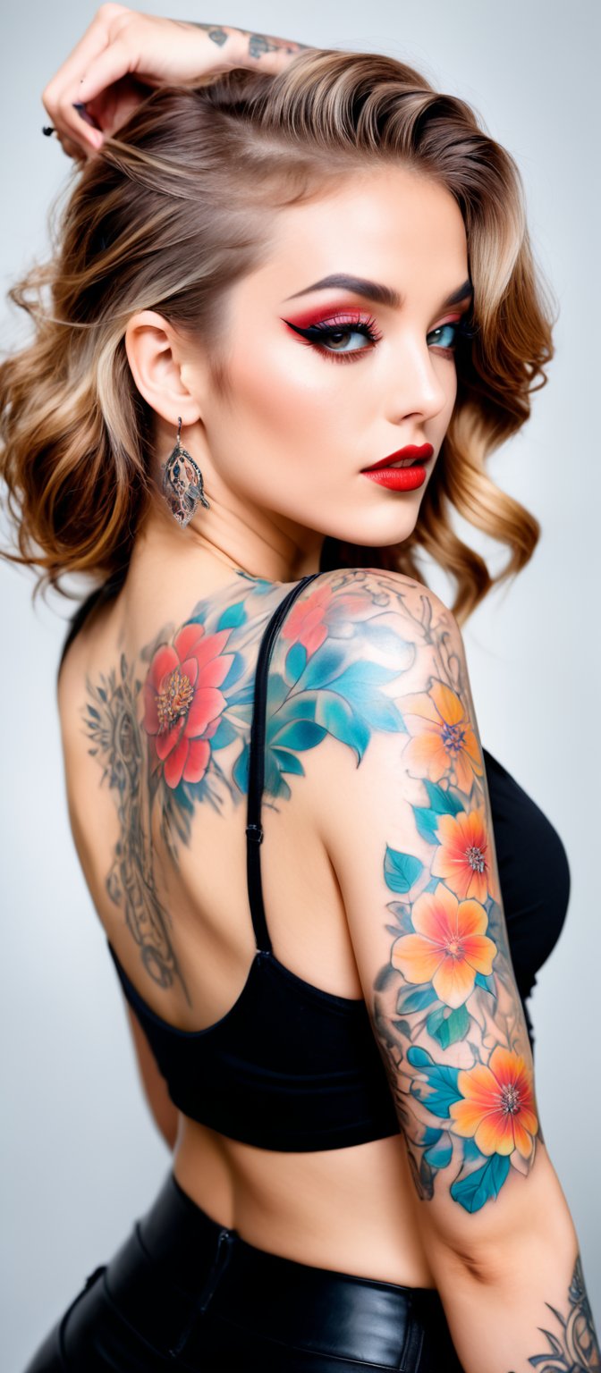 Generate hyper realistic image of a woman posing in an eye-catching outfit with a prominent tattoo. The woman has long,  l...