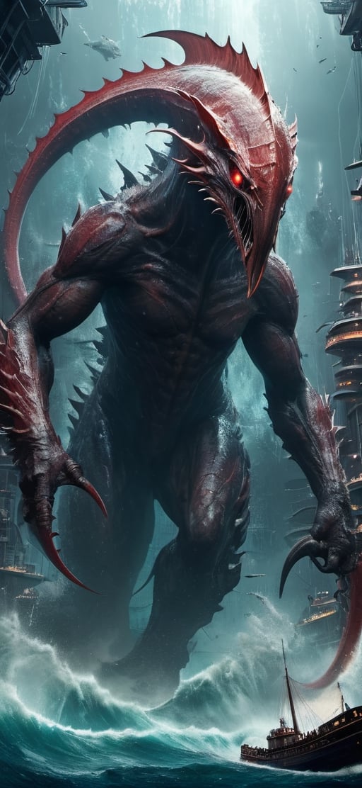 create a gigantic leviathan emerging from sea .towering over huge cruise ship,  humans in panick. humanoid body with tanta...
