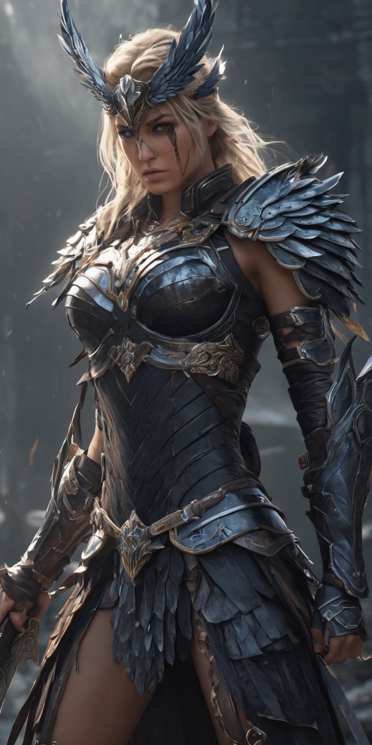 Generate hyper realistic image of a valkyrie corrupted by malevolent forces,  her once-glorious armor now tainted,  wieldi...