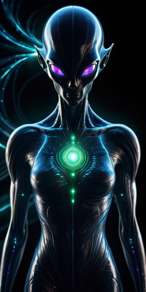 Generate hyper realistic image of a magnetic-field alien hybrid,  with luminous patterns that respond to magnetic forces,...