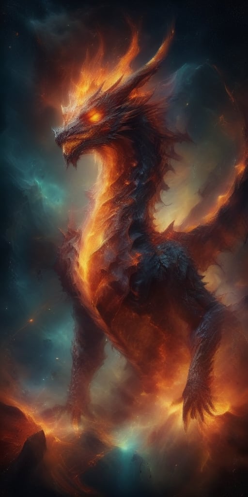 Generate hyper realistic image of the canvas in the awe-inspiring presence of the Inferno King, a dragon monarch whose scales radiate eternal flames, ruling over a realm where rivers of magma flow and volcanic spires pierce the sky, each flame intricately detailed.Sci-fi ,more detail XL,Dragon,martius_nebula,<lora:659095807385103906:1.0>