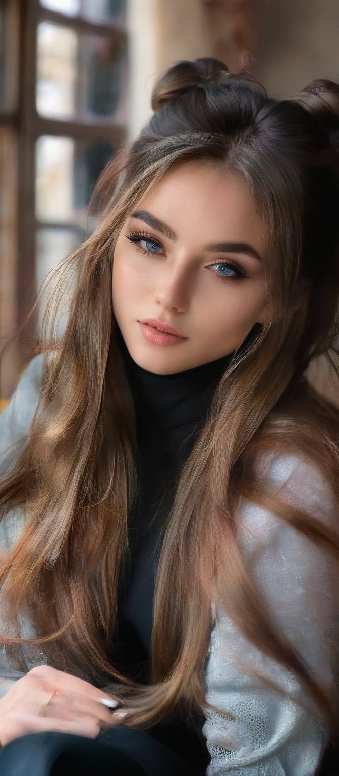 Generate hyper realistic image of a woman with long,  flowing hair sits by a window,  the sunlight casting a soft glow on...