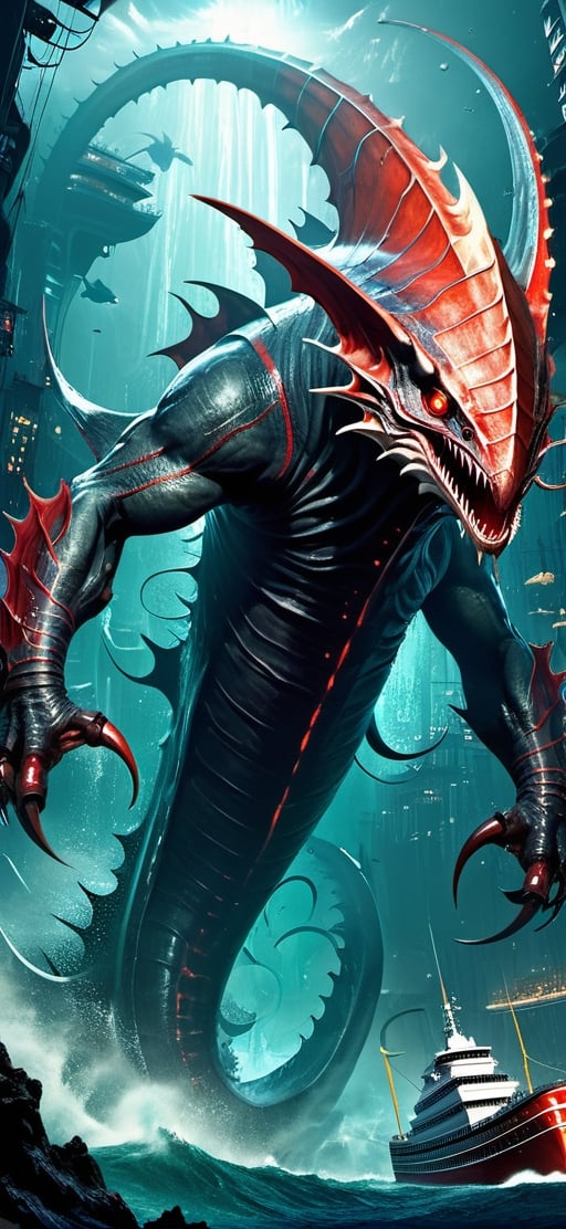 create a gigantic leviathan emerging from sea .towering over huge cruise ship,  humans in panic.destroying ships. humanoid...