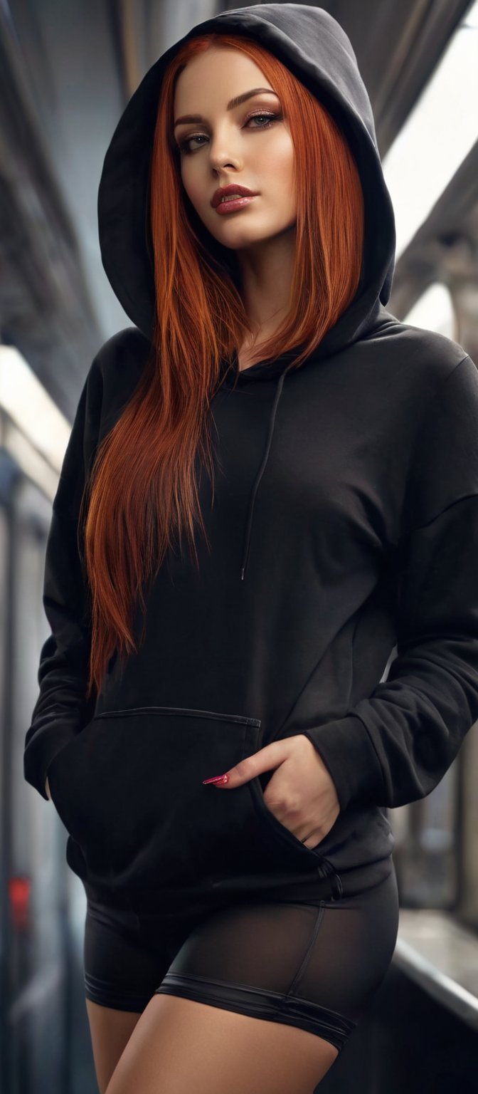 Generate hyper realistic image of a woman with flowing red hair with black strands that cascades down her back. She is loo...