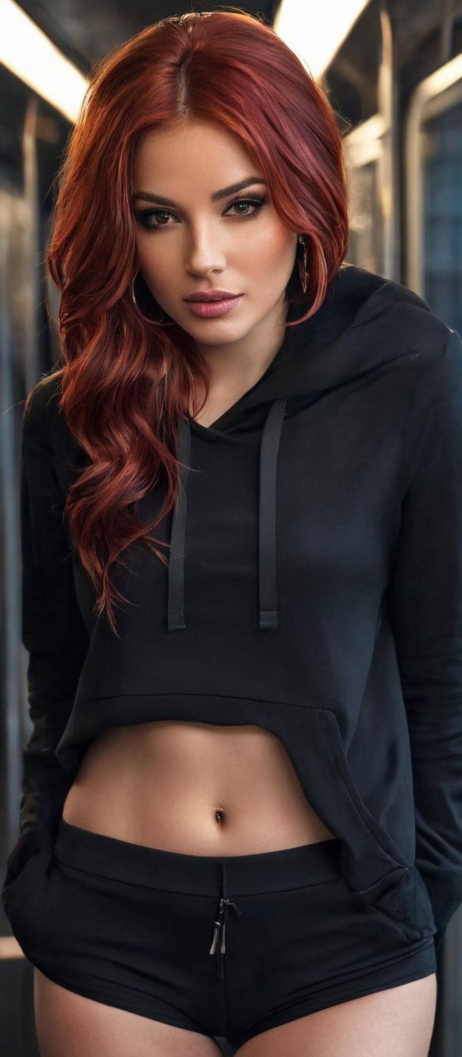 Generate hyper realistic image of a woman with flowing red hair with black strands that cascades down her back. She is loo...