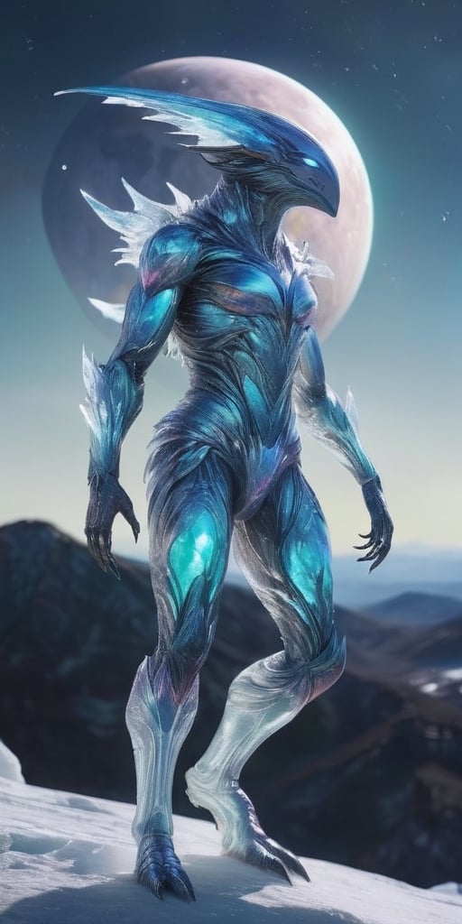 Generate hyper realistic image of a creature from a distant moon,  where the surface is covered in icy terrain. Visualize...