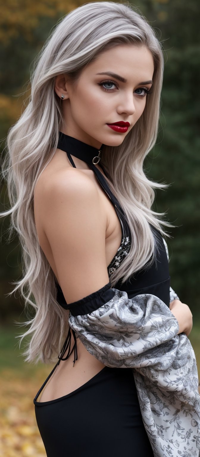 Generate hyper realistic image of a woman with long, straight, silver hair that flows smoothly down her back. The color adds a striking quality to her appearance, contrasting sharply with her dark outfit. Her eyes are intense and captivating, framed with dark makeup. The eye color is a piercing blue , which stands out vividly against her pale skin and silver hair. She is dressed in a black, form-fitting dress that showcases her slender figure. The dress features long sleeves with a unique print of moons and stars. The shoulder cutouts and high neckline with a large ring detail. She wears a choker with a large metal ring at the front. Her makeup is bold, with dark eyeliner and lipstick. The setting is outdoors during autumn, with fallen leaves scattered on the ground.