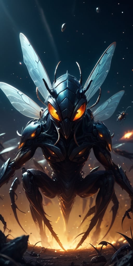 Generate hyper realistic image of a nightmarish depiction of a swarm of interdimensional insectoid creatures,  each with r...
