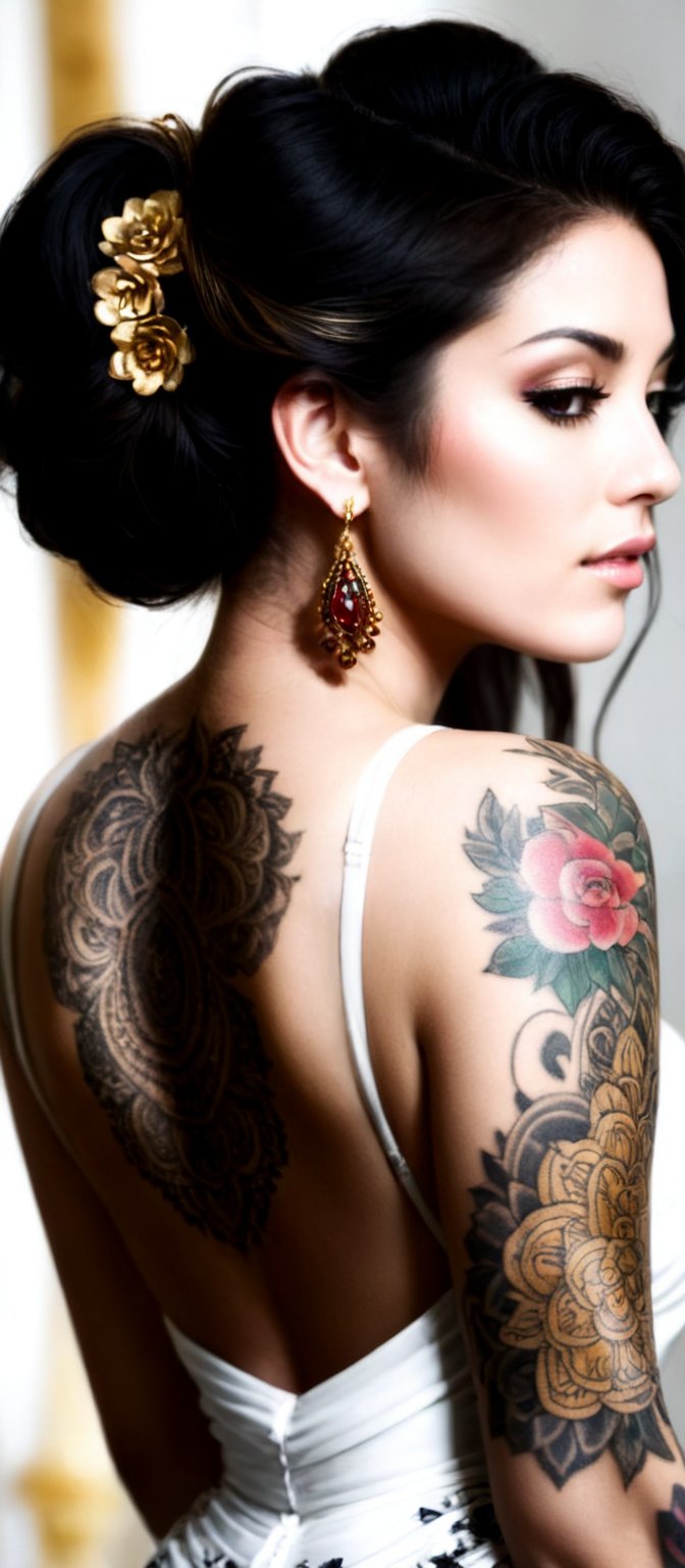 Generate hyper realistic image of a woman with an alluring and confident appearance. The woman is shown from the back,  sl...