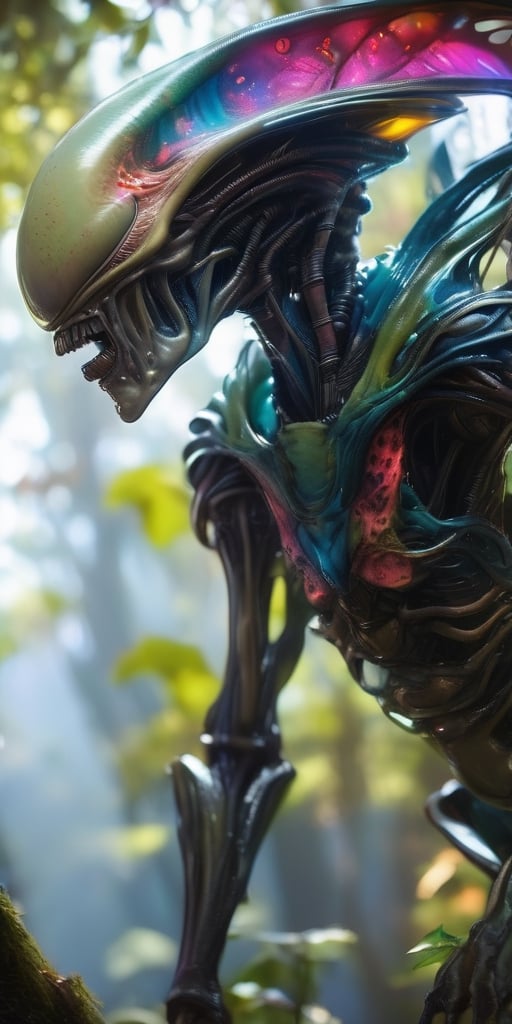 Generate hyper realistic image of a alien lurking among the trees. Its bony exoskeleton is adorned with vibrant,  biolumin...