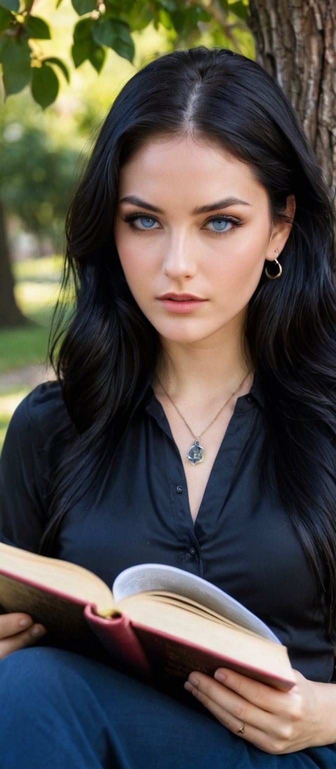 Generate hyper realistic image of a woman with long, black hair sitting outdoors beneath a tree, wearing a black shirt with short sleeves. She's holding an open book, her blue eyes looking directly at the viewer, with hoop earrings adorning her ears. A cat sits beside her, and she wears a necklace and bracelet, her lips subtly curved as if she's absorbed in reading.