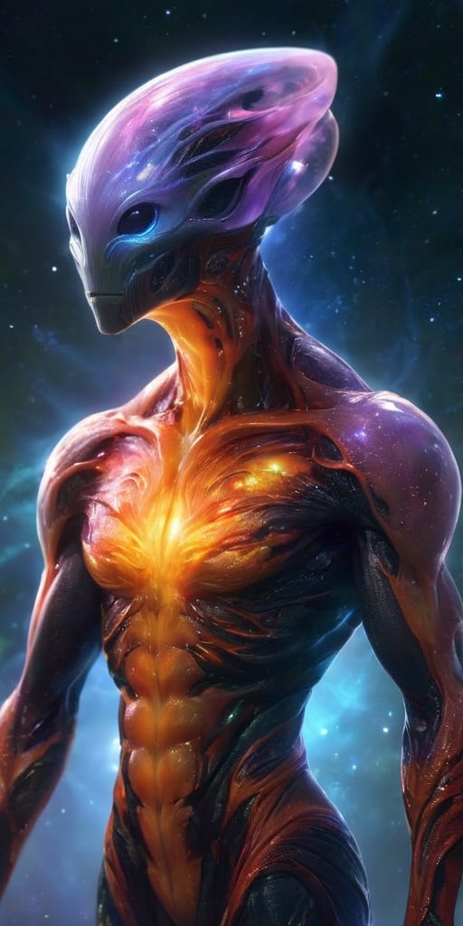 Generate hyper realistic image of a creature from another galaxy that defies conventional taxonomy. Describe its amorphous...