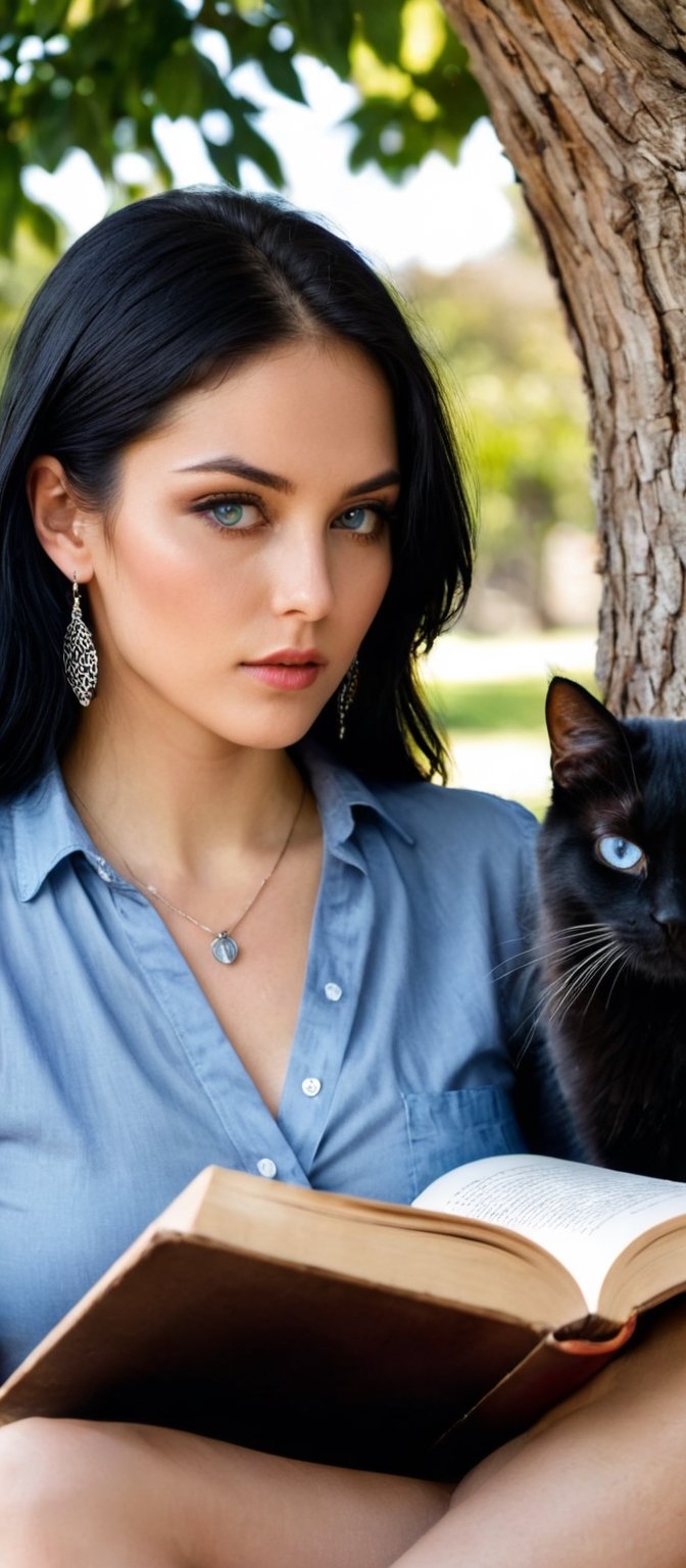 Generate hyper realistic image of a woman with long, black hair sitting outdoors beneath a tree, wearing a black shirt with short sleeves. She's holding an open book, her blue eyes looking directly at the viewer, with hoop earrings adorning her ears. A cat sits beside her, and she wears a necklace and bracelet, her lips subtly curved as if she's absorbed in reading.