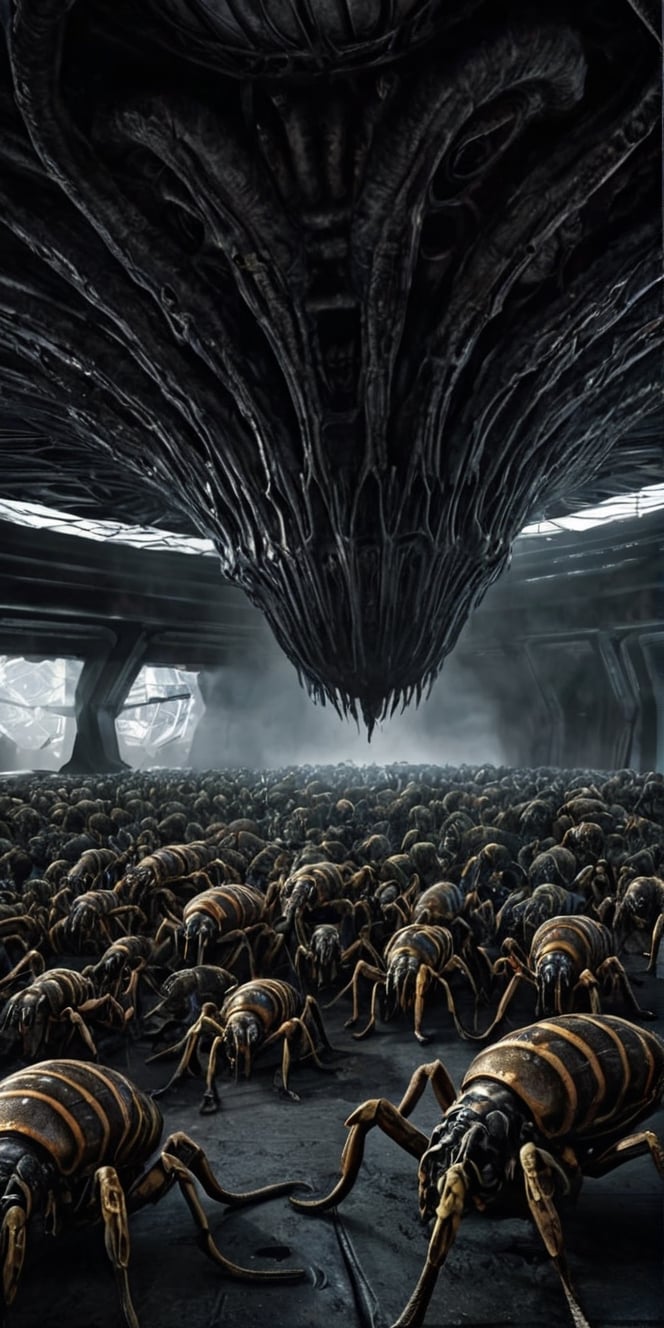 Generate hyper realistic image of a scene in a darkened alien hive overrun by undead monstrosities. The otherworldly archi...