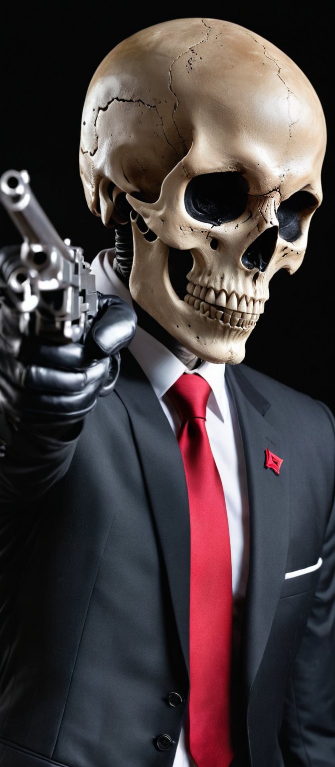 Generate hyper realistic image of a medium-angle shot of a Skull , dressed in a sleek black suit with a bold red tie a. The face has black eyes and a silver headband, and it's wearing black gloves. Its right arm is raised while its left arm is bent, gripping a black gun. The stark black background contrasts sharply with the outfit.,skll