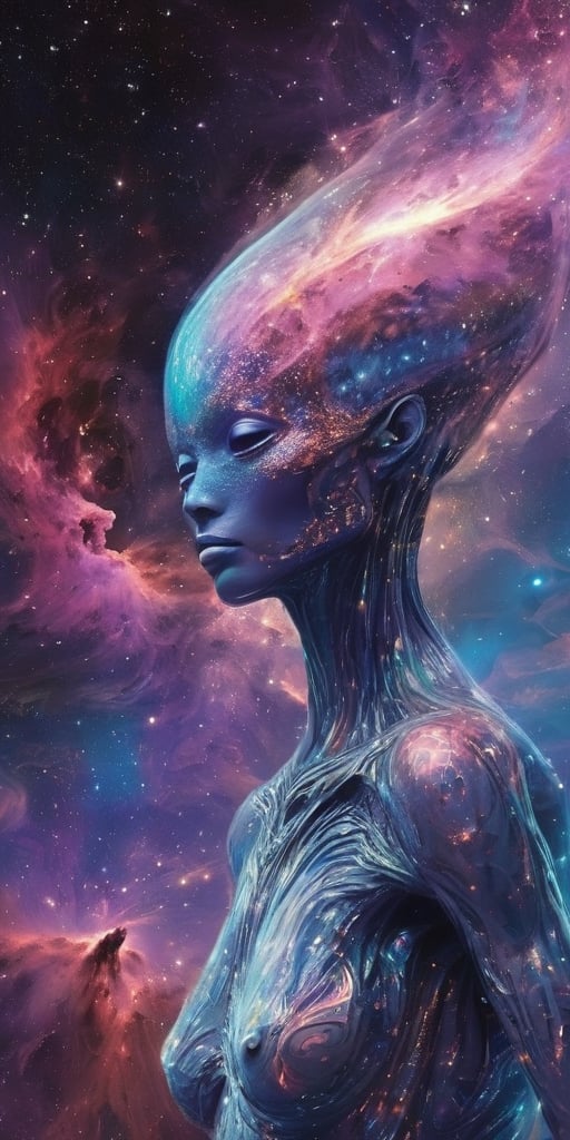 Generate hyper realistic image of Deep within the nebula,  a cosmic phenomenon occurs - a celestial being emerges. This ma...