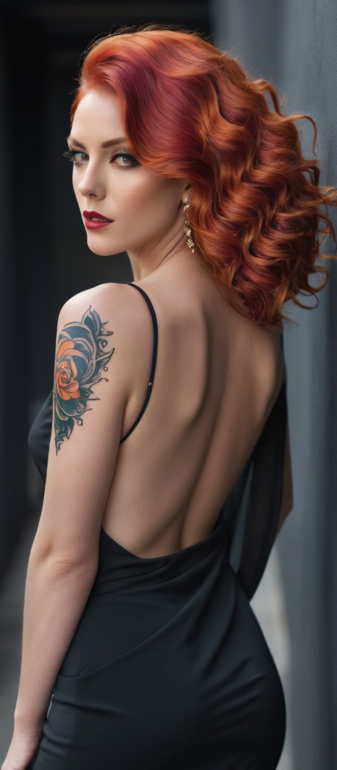 Generate hyper realistic image of a woman with long, wavy hair cascading down her back, dressed in a sleek black dress, her red hair peeking over her shoulder as she looks back with a serious gaze. Another woman with fiery orange hair, hair covering one eye, adorned in an elegant backless outfit, her back tattoo catching the eye, standing amidst dark shadows.