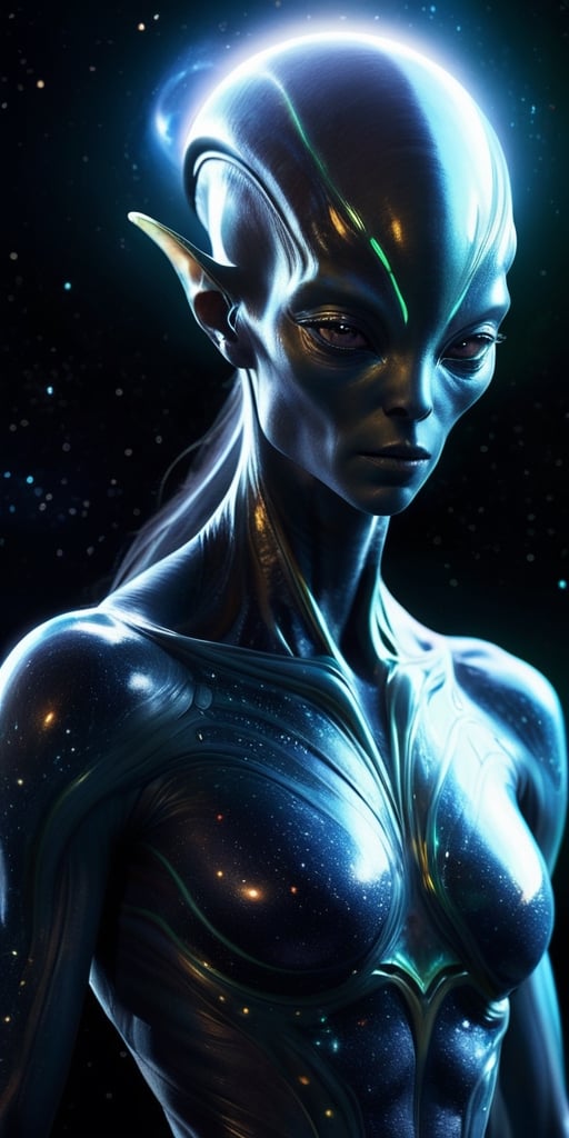 Generate hyper realistic image of a celestial-energy alien hybrid,  with radiant energy emanating from their body,  celest...