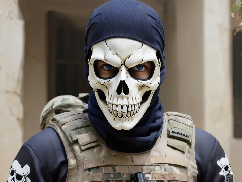 ((Spec ops soldier with ghost mask watching the viewer with dead eyes)), photo realistic, detailed hands, complex_background, background, detailed face, detailed skull mask, spec ops soldier uniform,, male, visivle blue eyes,