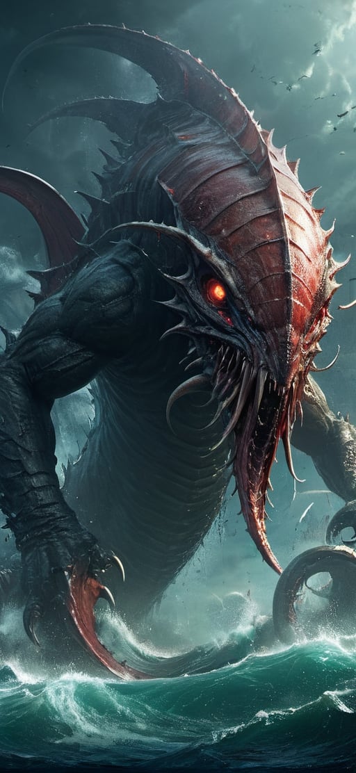 create a gigantic leviathan emerging from sea .towering over huge cruise ship,  humans in panick. humanoid body with tanta...