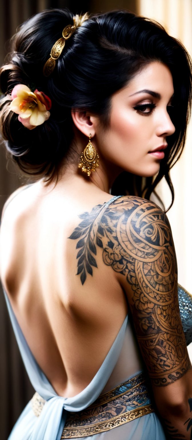 Generate hyper realistic image of a woman with an alluring and confident appearance. The woman is shown from the back,  sl...