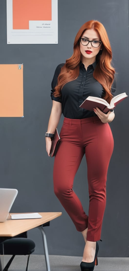 Create a sexy rfed hair teacher reading book fro class. long cherry red hair,  intelligent looking,  glasses by Decyfer30...