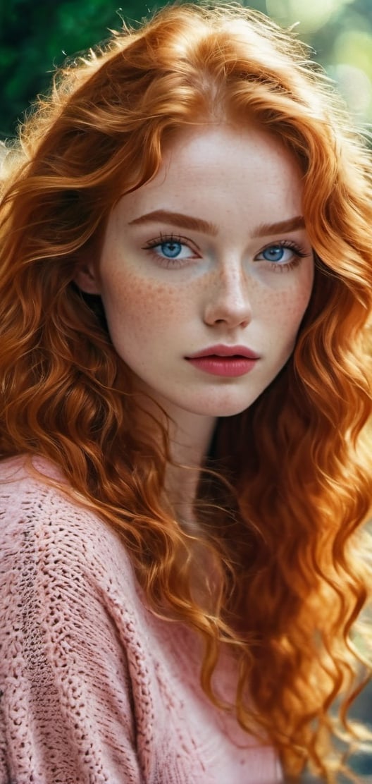 Create a a beautiful gignger woman portrait looking up to the viewer.super model,  long ginger hair,  curly hair by Decyfe...