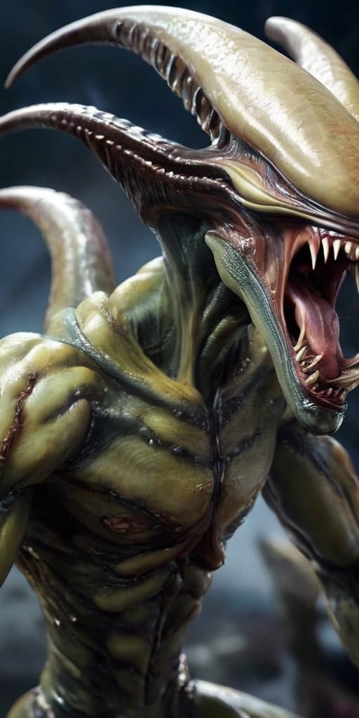 Generate hyper realistic image of a deadly alien creature with razor-sharp claws,  venomous fangs,  and the ability to cam...