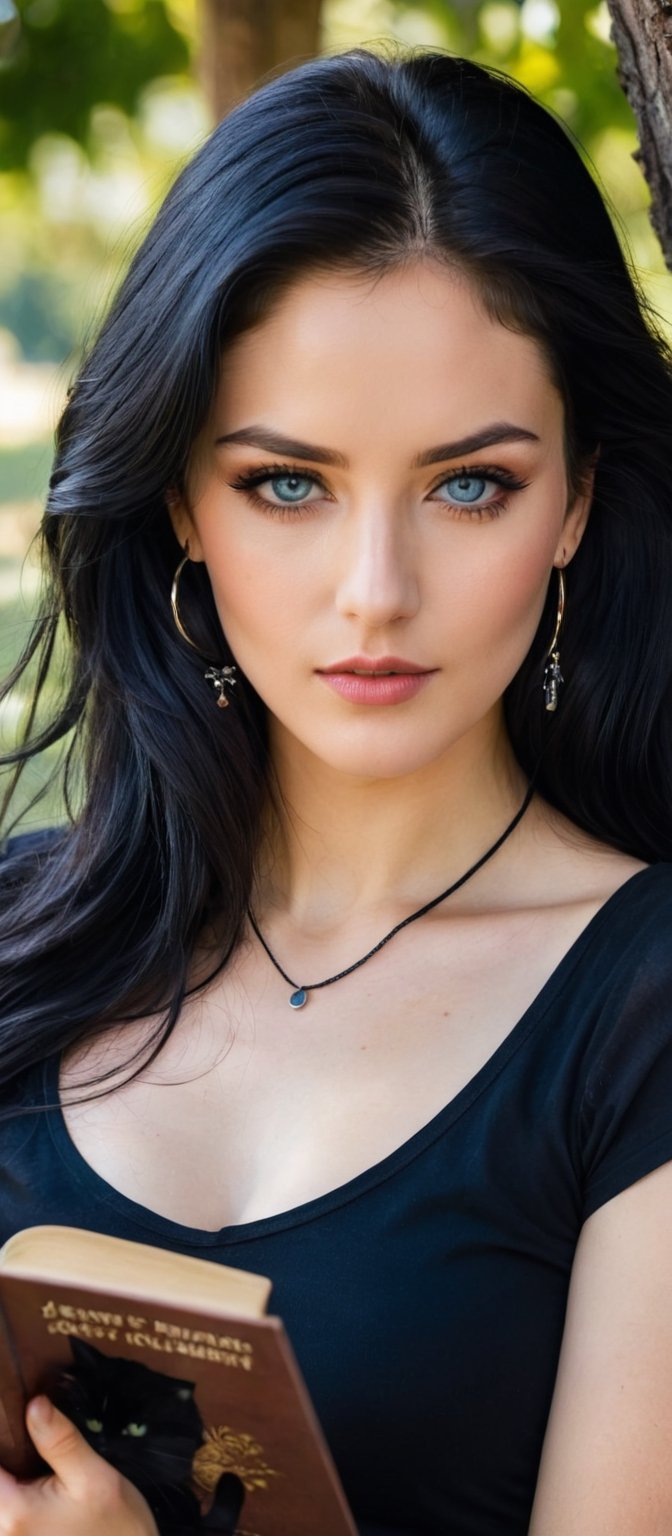 Generate hyper realistic image of a woman with long, black hair sitting outdoors beneath a tree, wearing a black shirt with short sleeves. She's holding an open book, her blue eyes looking directly at the viewer, with hoop earrings adorning her ears. A cat sits beside her, and she wears a necklace and bracelet, her lips subtly curved as if she's absorbed in reading.