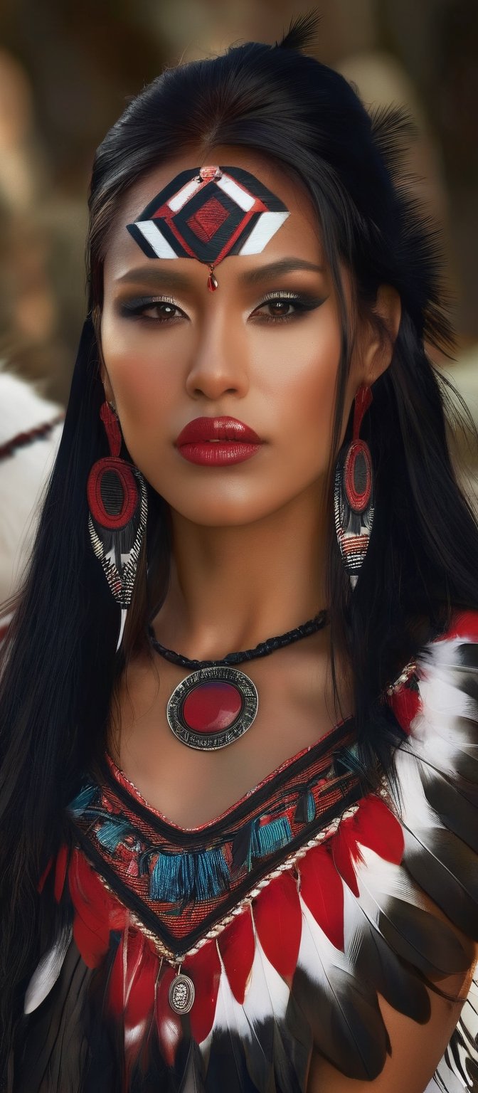 Generate hyper realistic image of a native woman exuding strength and beauty. She has long,  flowing black hair adorned wi...