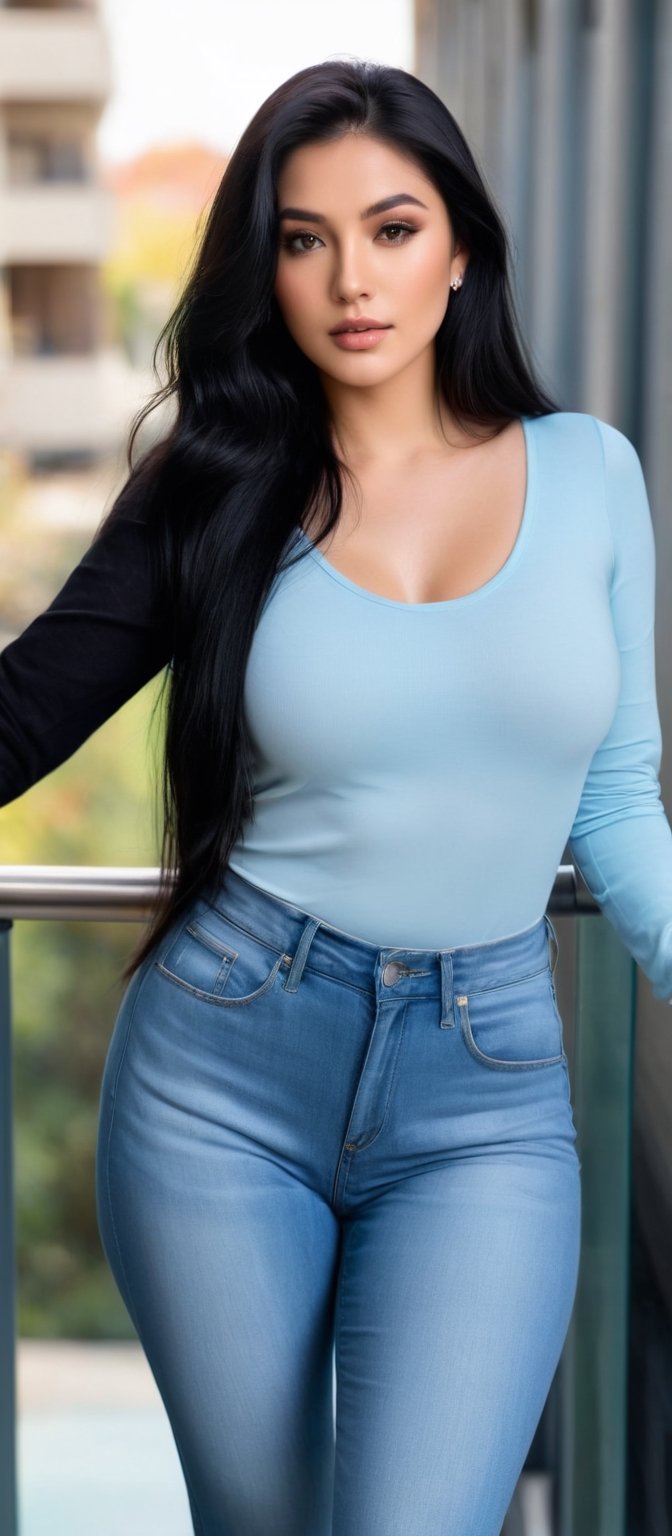 Generate hyper realistic image of a woman with long black hair,  wearing a black long-sleeved top and light blue jeans. Sh...