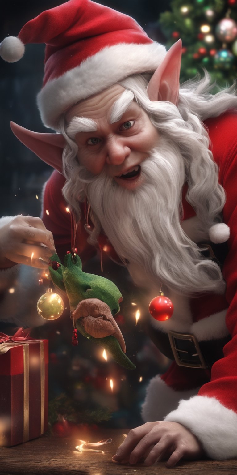 Generate hyper realistic image of an intensely detailed and visually captivating image of a scary Santa's elf transformed...