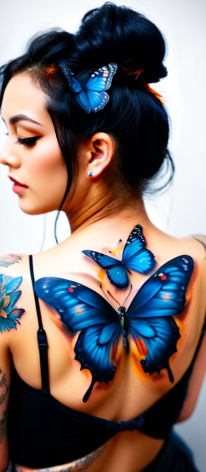 Generate hyper realistic image of  woman with a beautiful and intricate butterfly tattoo on her back. he woman is shown in profile, with her back turned towards the viewer. Her head is slightly turned to the side, giving a glimpse of her serene and thoughtful expression. Her eyes are blue. Her hair is styled in a loose, elegant updo, with a few strands softly framing her face. The hair has a luminous quality, reflecting the light in the scene. vibrant butterfly tattoo covers her upper back and shoulders. The tattoo is rendered in vivid blues and blacks, creating a dramatic contrast against her skin. Surrounding the large butterfly are smaller, glowing butterflies in shades of orange and yellow.