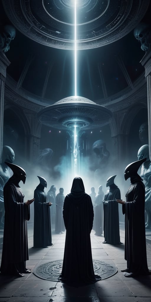 Generate hyper realistic image of a scene featuring a group of extraterrestrial beings conducting a dark and mysterious ce...