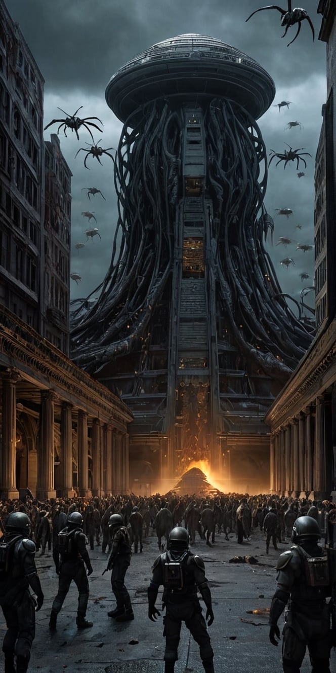 Generate hyper realistic image of a scene in a darkened alien hive overrun by undead monstrosities. The otherworldly archi...