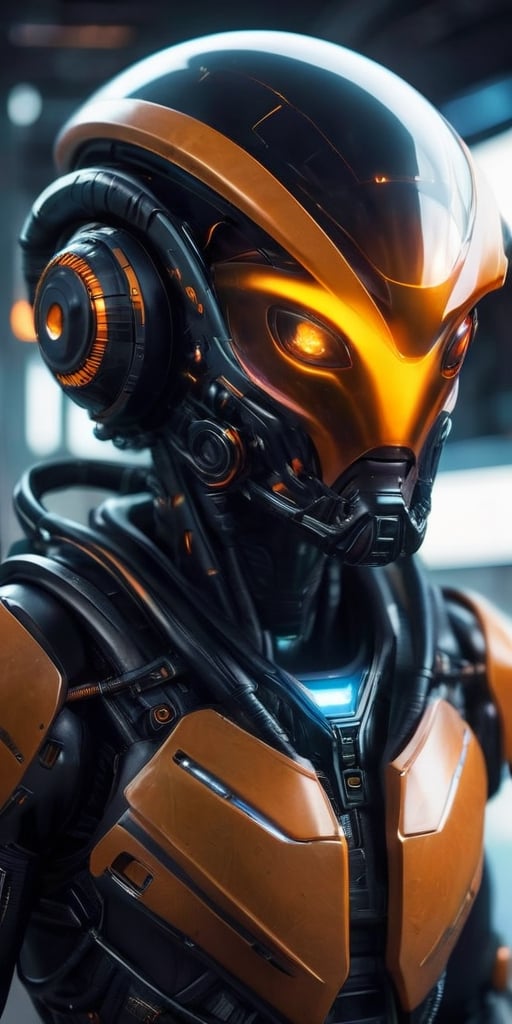 Generate hyper realistic image of a solo alien male figure,  surrounded by the emptiness of space. His orange eyes,  glowi...