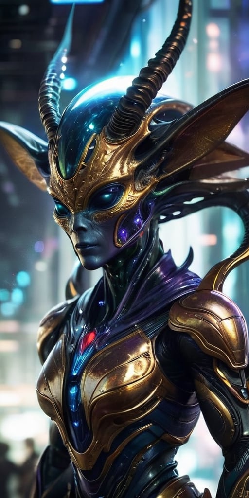 Generate hyper realistic image of an alien,  adorned with majestic horns and advanced extraterrestrial armor. The figure h...