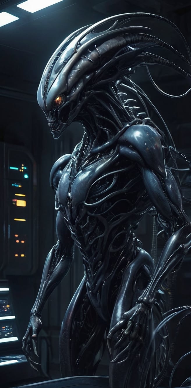 Generate hyper realistic image of a symbiotic alien parasite metamorph monster integrating with its host in a dark and fut...