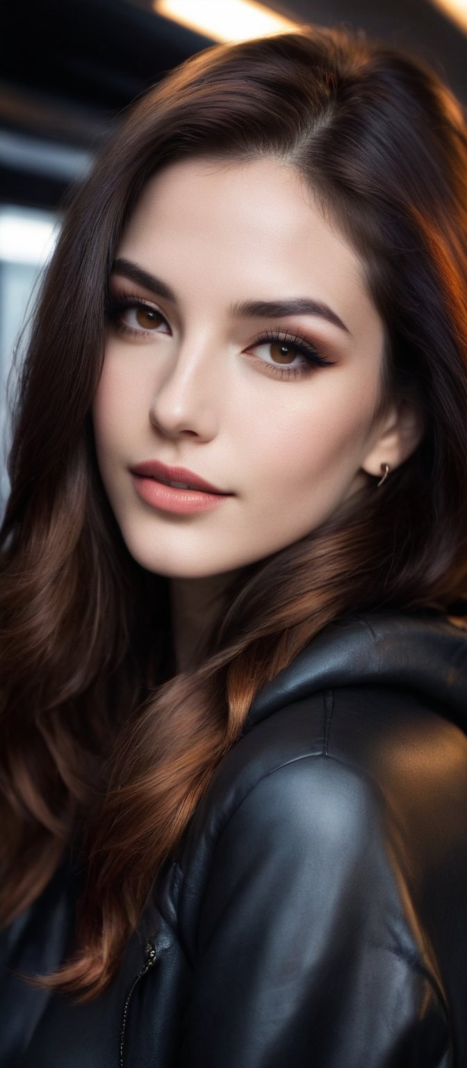Generate hyper realistic image of a woman with flowing hair that cascades down her back. She is looking at the viewer with...