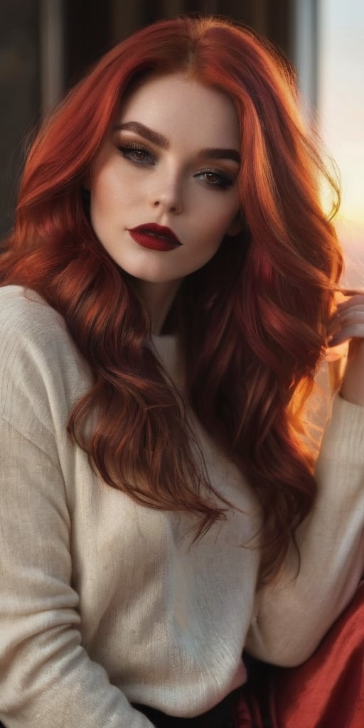 Generate hyper realistic image of a beautiful woman with lustrous red hair cascading in the warm glow of a sunset. She wea...