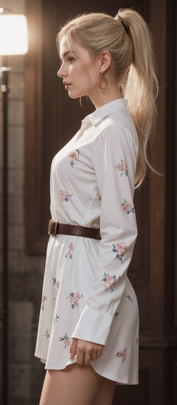 Generate hyper realistic image of a woman in a short dress with a floral print, her long sleeves adding a touch of elegance as she stands in a cowboy shot pose. Her white hair is styled in a chic ponytail, drawing attention to her striking profile and luscious lips, while dangling earrings catch the light.