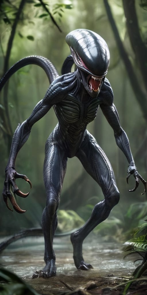 Generate hyper realistic image of a deadly alien creature with razor-sharp claws,  venomous fangs,  and the ability to cam...