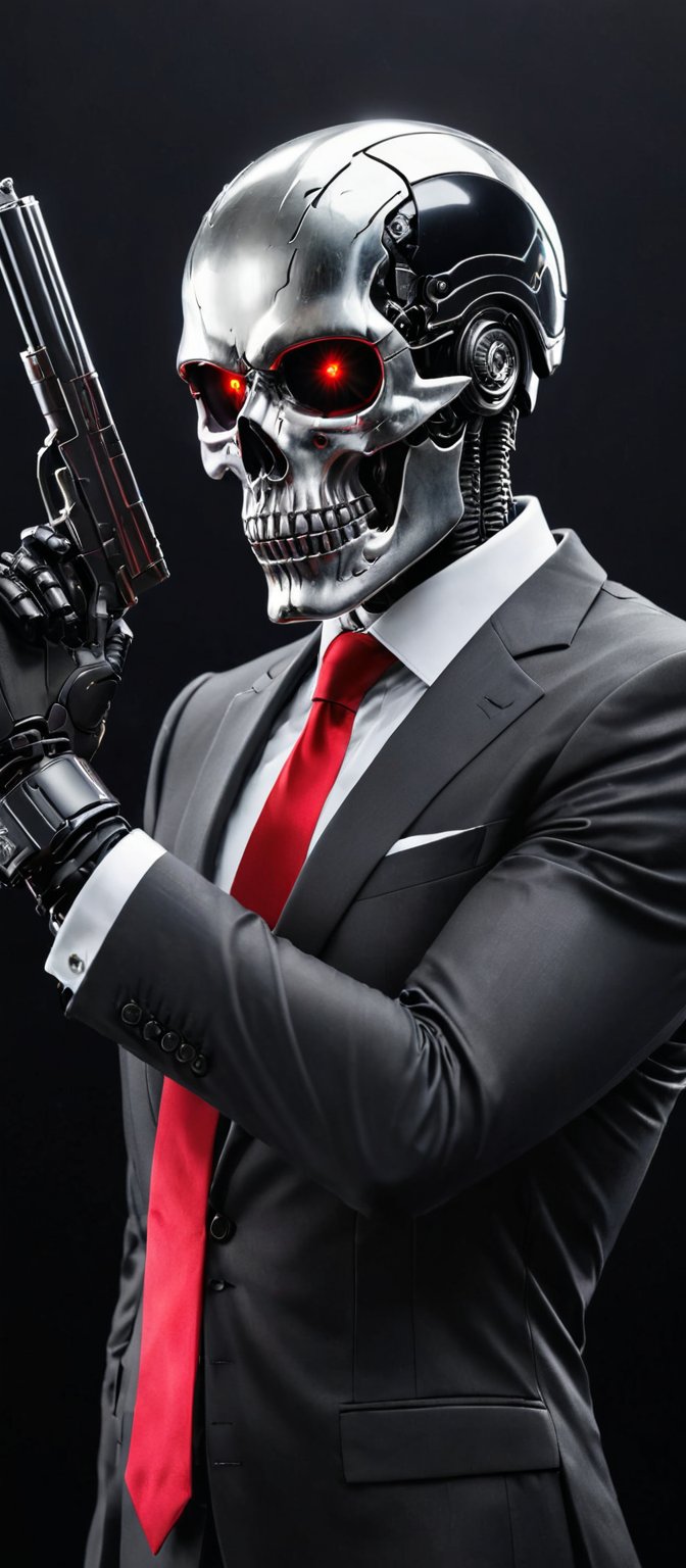 Generate hyper realistic image of a medium-angle shot of a Skull , dressed in a sleek black suit with a bold red tie and a gleaming silver helmet. The robot's face has black eyes and a silver headband, and it's wearing black gloves. Its right arm is raised while its left arm is bent, gripping a black gun. The stark black background contrasts sharply with the outfit.,skll