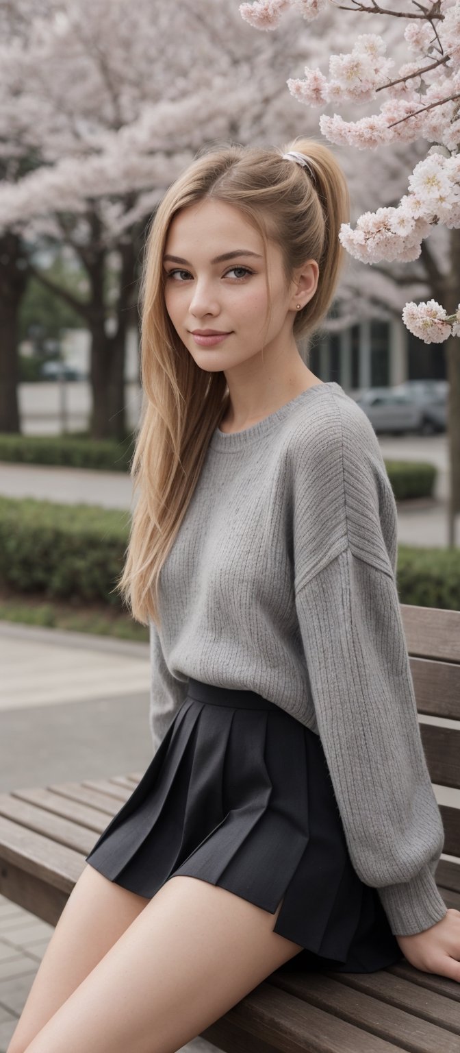Generate hyper realistic image of a woman with long,  blonde hair styled in a ponytail adorned with a hair bow. She sits o...