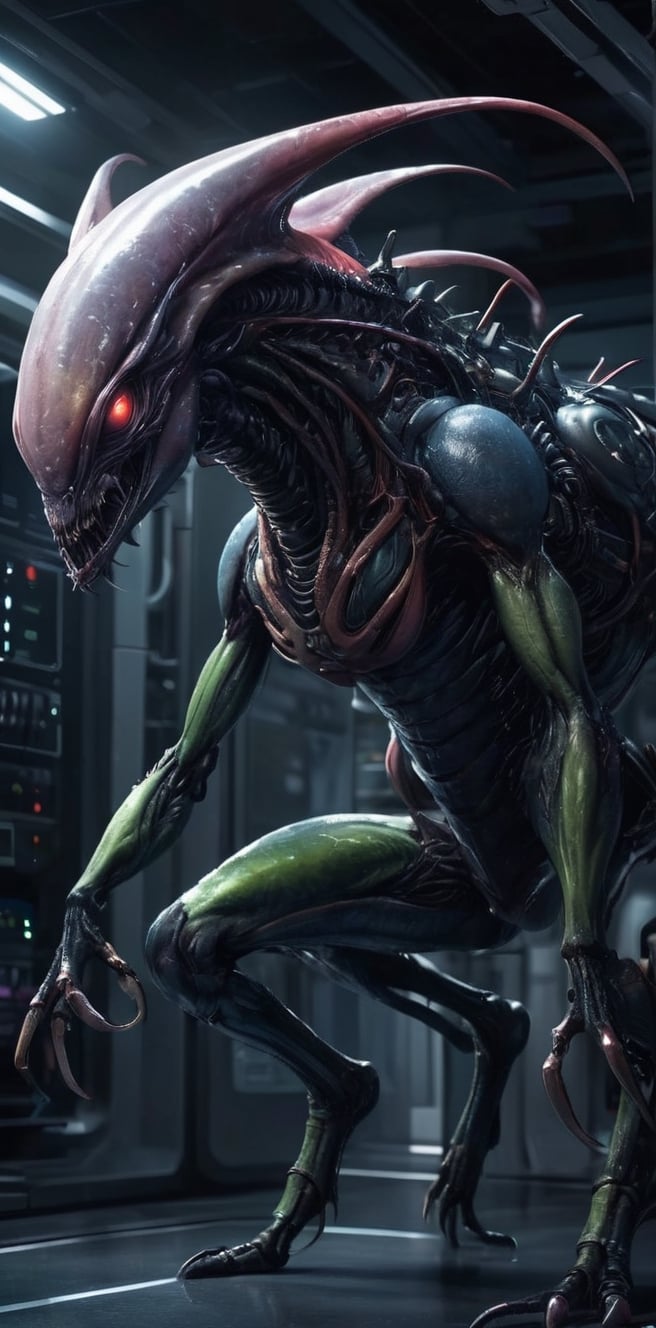 Generate hyper realistic image of a symbiotic alien parasite metamorph monster integrating with its host in a dark and fut...