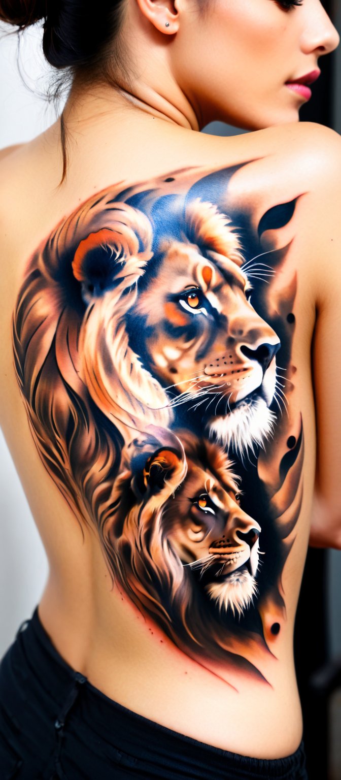 Generate hyper realistic image of a woman with a remarkable and powerful tattoo design on her back. The woman is shown from behind, with her head turned slightly to the side, giving a partial view of her profile. Her arms are raised and resting on her shoulders, emphasizing the back tattoo. The tattoo is a striking and artistic composition, combining a majestic lion's face with two cubs. The lion's face is detailed and realistic, with expressive eyes and a flowing mane that blends seamlessly into the woman's skin. The lions cubs are prominently positioned, one at the top of the tattoo near her neck and the other overlapping the lion's face. The woman's hair is styled in a simple, loose bun, allowing the tattoo to be fully visible. The background is neutral and unobtrusive.