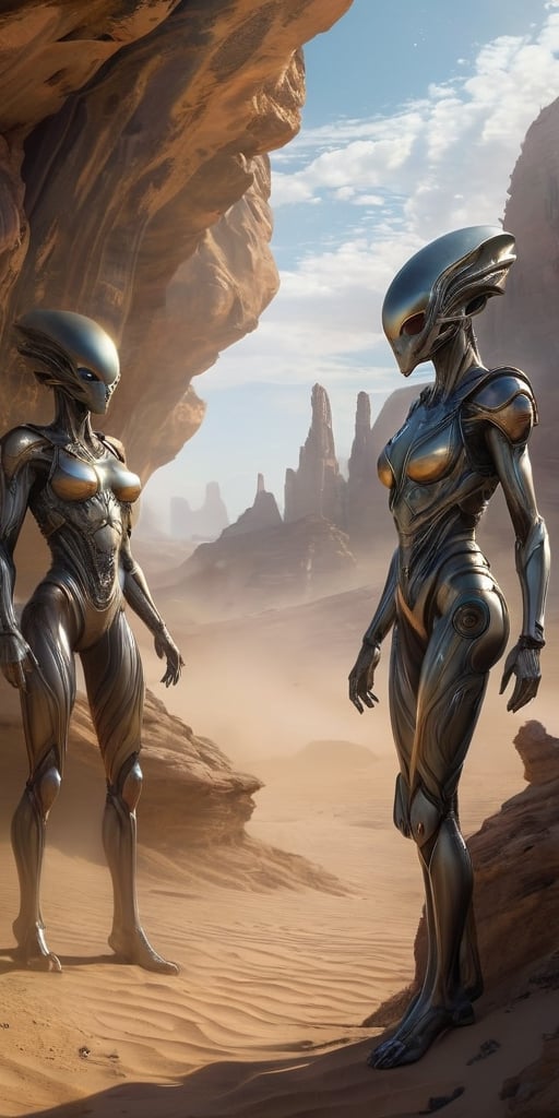 Generate hyper realistic image of an alien race with metallic,  chitinous exoskeletons,  reflecting the light in a mesmeri...