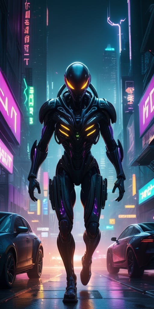 Generate hyper realistic image of a scene featuring a cybernetically enhanced alien being,  their body merging with dark m...
