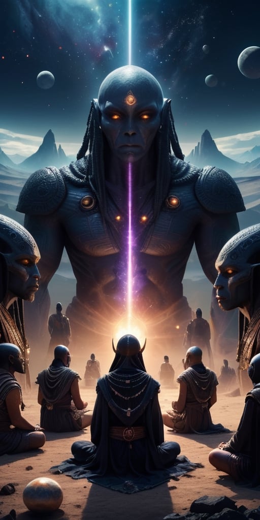 Generate hyper realistic image of a scene featuring a ritualistic gathering of intergalactic shamans,  their bodies adorne...